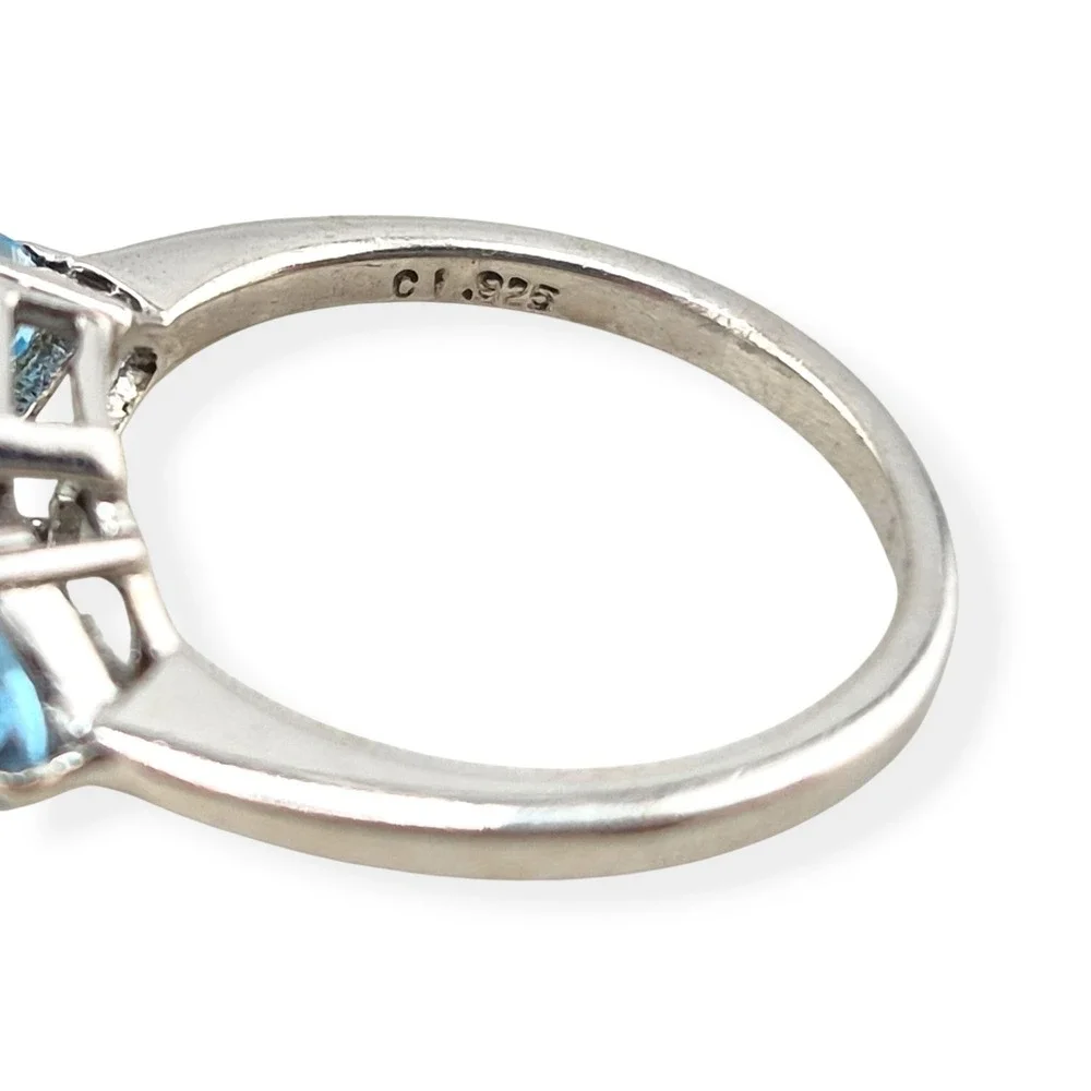 Art Deco Sterling Silver Blue Topaz CZ Three Stone Emerald Cut Ring Size 7.25